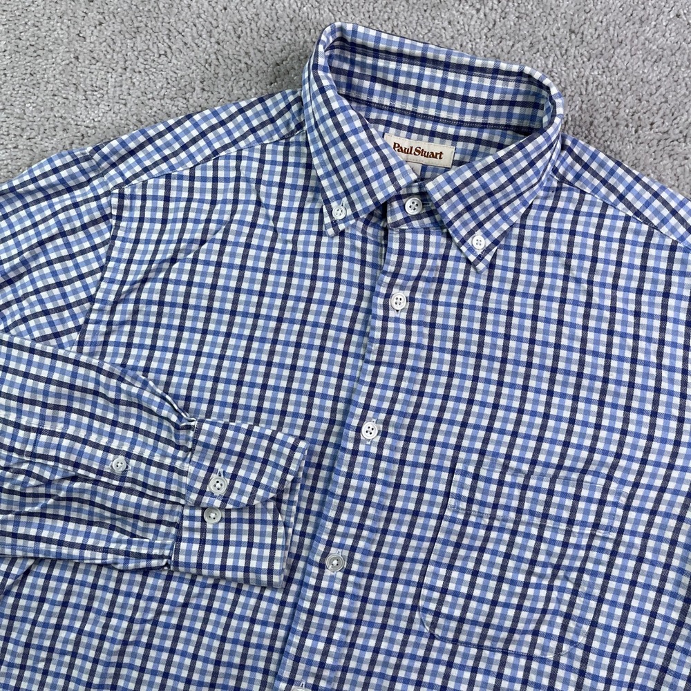 Paul Stuart Shirt Mens Large Blue Gingham Plaid Button Down Long Sleeve Luxury